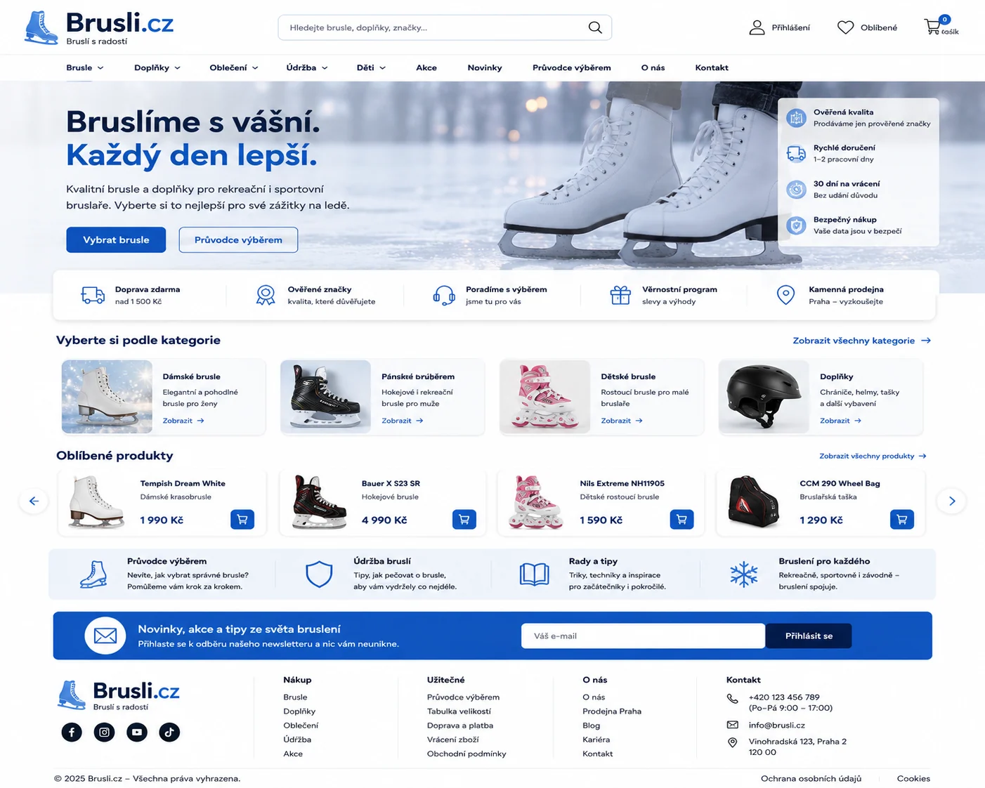 Vizuální návrh možného projektu Brusli.cz zaměřeného na brusle, ochranné vybavení, výběr produktů a praktické rady